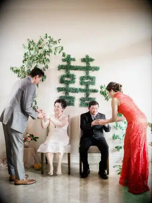 Chinese tea ceremony with double happiness sign