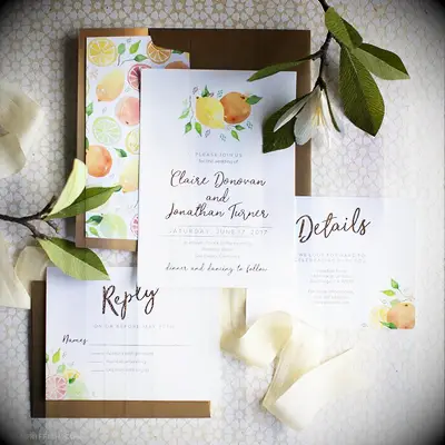 Citrus squeeze wedding invitations orange lemon greenery
