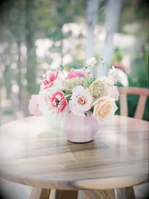 A delicate pastel-colored floral arrangement.