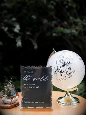 Painted globe guest book and acrylic sign