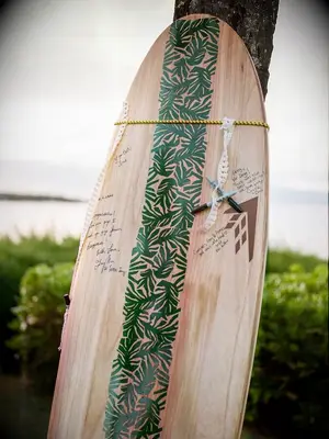 Wood surfboard guest book