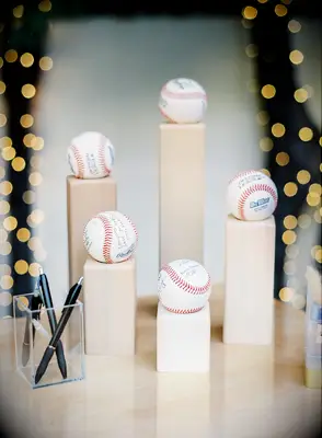 baseballs sitting on wood blocks