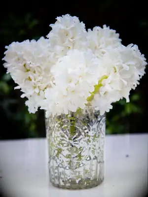white hyacinth floral arrangement in silver mercury glass vase