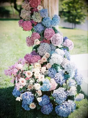 blue-and-pink hydrangea arrangement