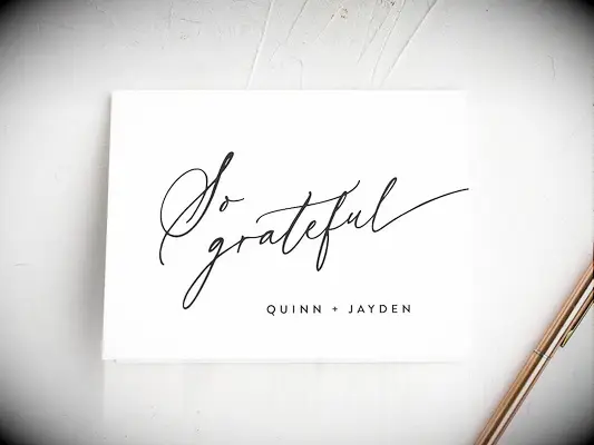 Minimalist So Grateful thank-you card with elegant calligraphy font