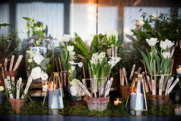 spring wedding idea with guest names written on wooden popsicle sticks and displayed in terracotta pots with white flowers and moss