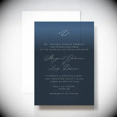 Modern blue wedding invitation with formal date and time wording