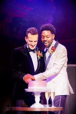 Black and white tuxedo jackets for grooms at gatsby inspired wedding