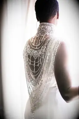 Elegant wedding dress with caplet jewelry for Great Gatsby themed wedding