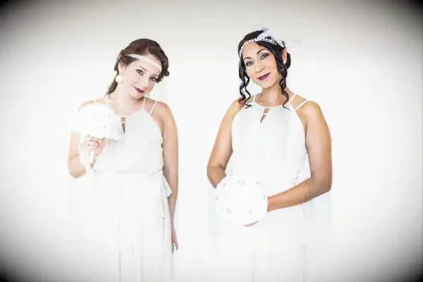 Art deco neutral bridesmaid look for Great Gatsby themed wedding