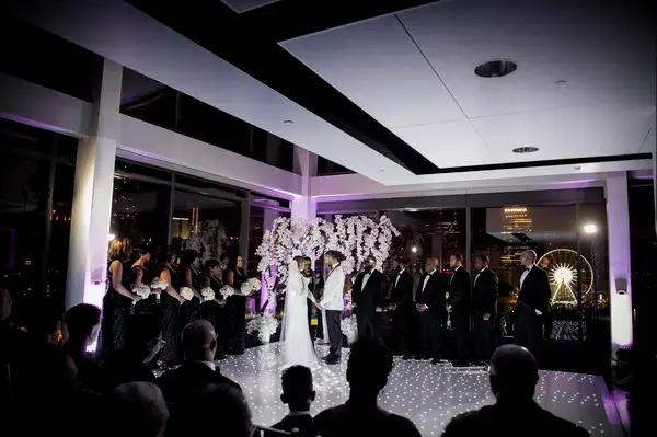 An indoor evening reception space at Ventanas in Atlanta, Georgia
