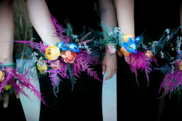 Alternative bridesmaid bouquet in blue, purple, pink and yellow