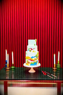 Retro wedding cake in bright primary colors