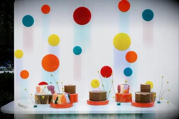 Polka-dot wedding cake display for a dessert buffet