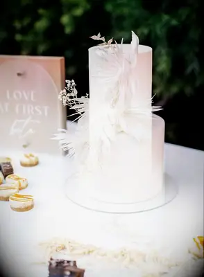 All-white feathery wedding cake