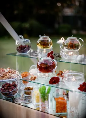 Freshly-brewed tea station at reception