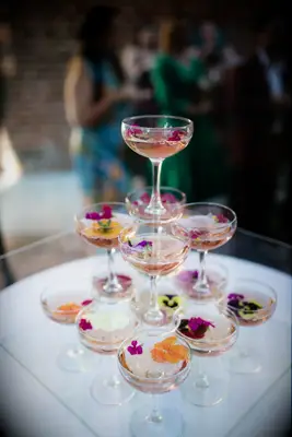 Fresh flower drink garnish, champagne tower