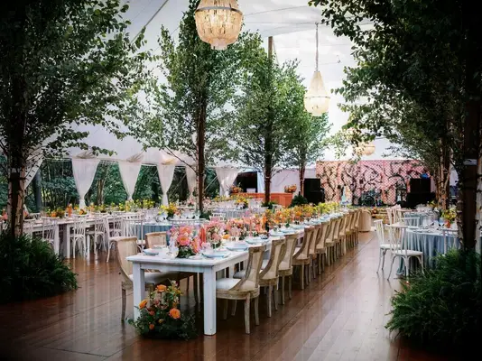 Tented wedding reception with trees