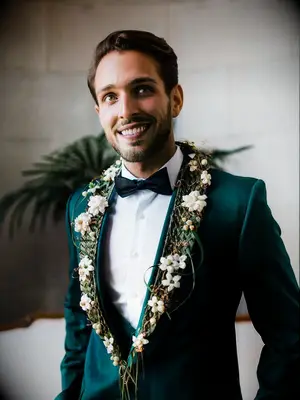 Groom wearing green tuxedo with flowers on collar