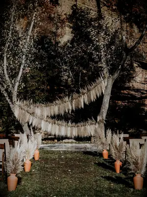 boho wedding arch alternative with pampas grass garlands strung between trees