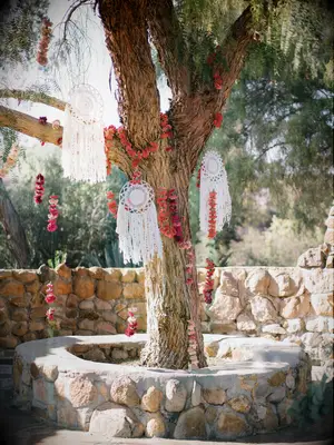 tree decorated with flower garlands and dream catchers