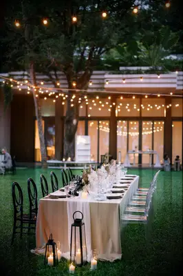 boho tablescape with black lanterns