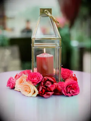 gold lantern and pink roses