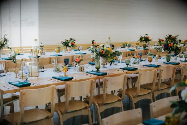wood table with gold lanterns