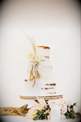 modern boho wedding cake with pampas grass and ivory roses 