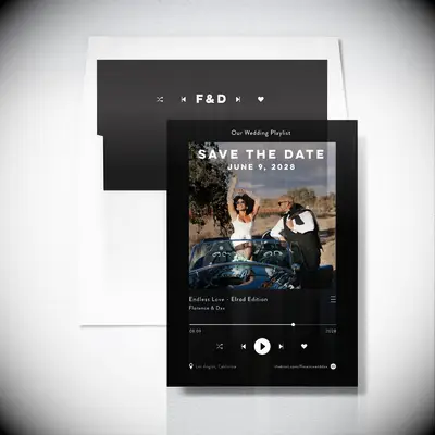 Black and white wedding playlist save the date cards from Tartarusfarms
