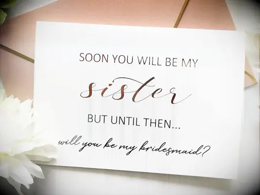 Rose gold sister-in-law bridesmaid proposal card