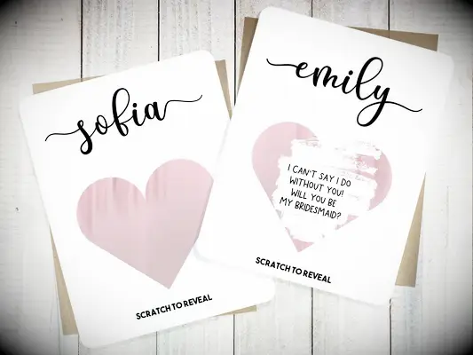 Heart-shaped scratch-off Will You Be My Bridesmaid card