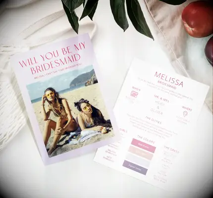 Will you be my bridesmaid proposal card with photo and information such as colors, dress and duties
