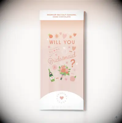 Will you be my bridesmaid peach wrapper on sea salt caramel dark chocolate candy bar
