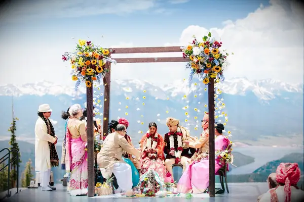 Sunflower-clad mandap for Indian wedding in the mountains