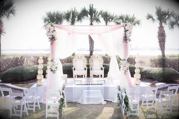 Blush mandap at beachfront venue