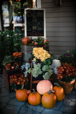 Fall-themed decor for a wedding reception