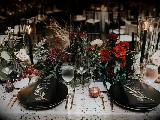 Dark and moody floral fall centerpieces