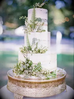 Semi-naked three-tier cake with fern and baby