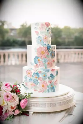 Pastel buttercream floral cake in pink, blue and white