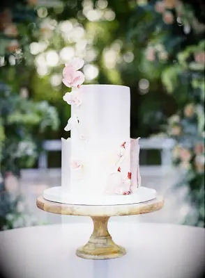 Romantic two-tier wedding cake with pink flowers