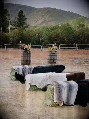 Cozy and rustic outdoor sitting area.