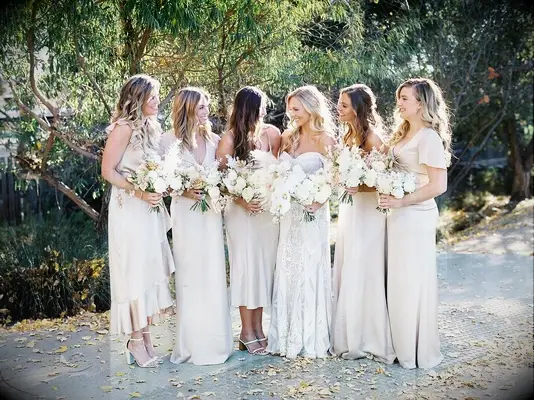 A bride and her wedding party pose for a photo in neutral tones.