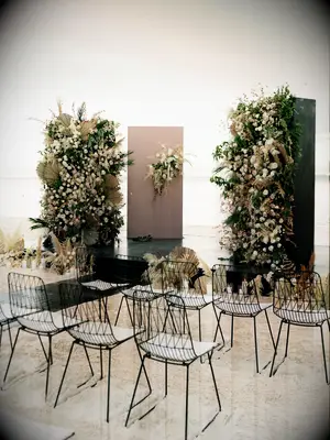 A beautiful modern outdoor reception area in neutral colors.