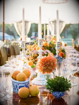 Oranges citrus herbs flower wedding table arrangements