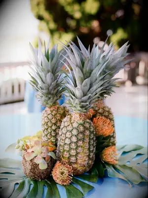 Pineapple coconut succulent wedding floral arrangements table centerpieces