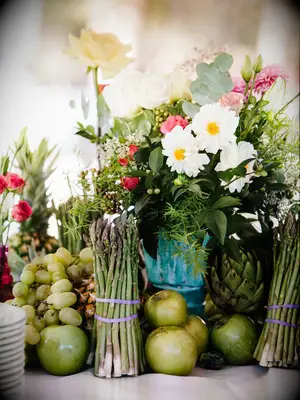 Farm to table wedding centerpieces floral fruit arrangements