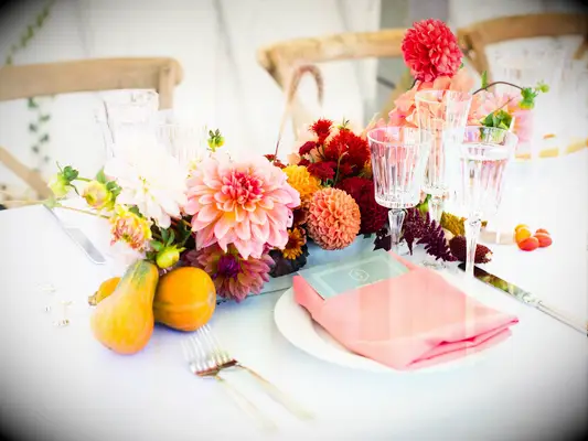 Dahlias fruit floral wedding centerpieces table arrangements