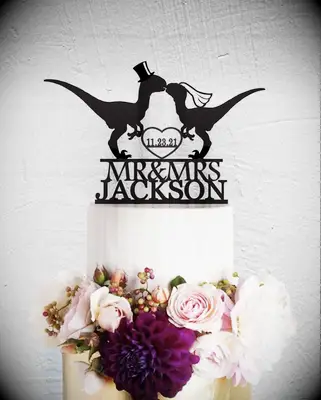 Personalized Dinosaurs Kissing Funny Wedding Cake Topper
