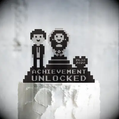 Achievement unlocked 8 bits video gamer wedding cake topper